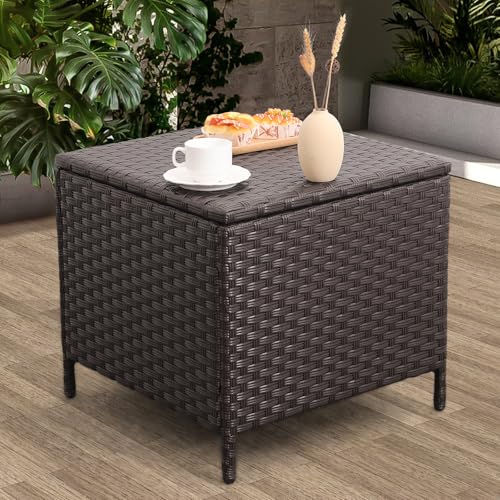 Lviden Outdoor Wicker Storage Side Table, Patio Brown PE Rattan End Table with Storage, Square Container for Furniture Covers, Toys, and Gardening Tools - color: Brown
