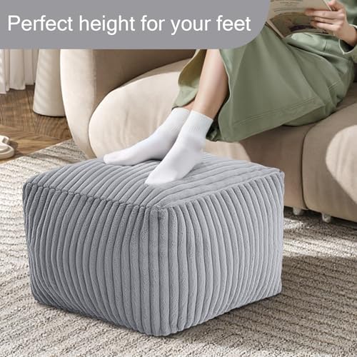 MeMoreCool Square Stuffed Pouf Ottoman Foot Rest, Stripe Furry Floor Pouf Foot Stool with Foam Chunk Filling, Soft Fluffy Stuffed Ottoman Footrest for Living Room, Faux Fur Grey - color: Ribbed Light Grey