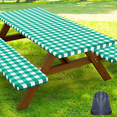 Smiry Picnic Table Cover with Bench Covers, Waterproof Elastic Fitted Tablecloths for 5 Foot Rectangle Tables, Washable Buffalo Plaid Tablecloth for Camping, Outdoor (Green & White, 30"x60") - color: Green and White, size: 30" x 60"