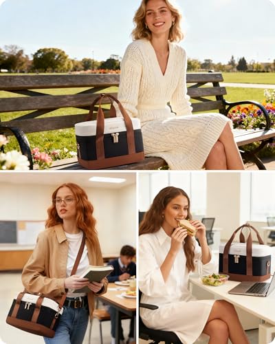 LOVEVOOK Insulated Lunch Box for Women Men, Reusable Lunch Bag with Large Capacity, Leakproof Cooler Lunch Tote for Work, Office, Outdoor Use, Black-beige-brown - color: Black-beige-brown, size: Medium