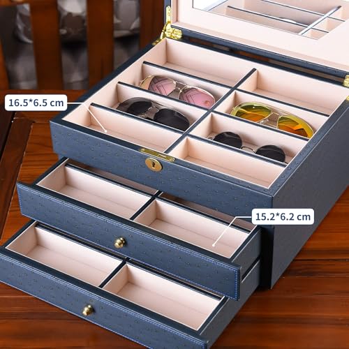 Luxury Sunglasses Organizer, 24 Slot Glasses Storage Box for Women Men, PU Leather Box for Eyeglass Display Case (Blue Ostrich skin PU) - color: Blue Ostrich skin PU
