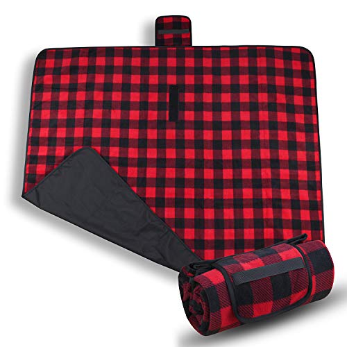 Tirrinia Waterproof Outdoor Blanket with Sherpa Lining, Windproof Triple Layers Warm Comfy Foldable for Camping Stadium, Beach, Picnic, Grass, Concerts, Car, Dog, 51''X 59'' & 59''X 80'' - color: Red Plaid - No Sherpa (Fleece Only), size: 51” x 59”