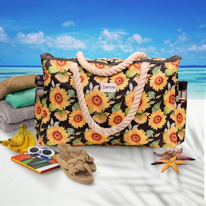 Beach Bag and Pool Bag Has Cooler Pocket, 7 Pockets Total, Zip Top. Family Size Waterproof Beach Tote - color: Blooming Sunflowers