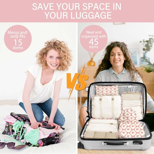 KPX 8 Set Packing Cubes for Travel, Luggage Packing Organizers Accessories Large Toiletries Bag for Clothes Shoes Cosmetics (8Set-Flower & Bow) - color: 8Set-Flower & Bow