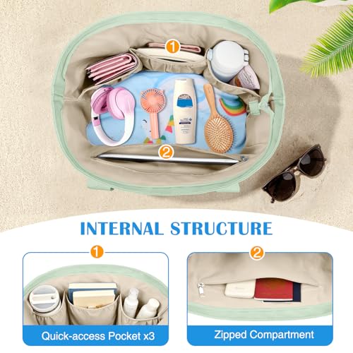 HUANLANG Large Beach Bags for Women Pool Bag with Zipper, Waterproof Sandproof Beach Tote Travel Bag with Wet Pocket - color: Green