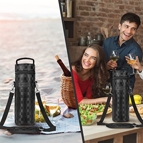 opux Wine Bag Single Bottle Carrier Tote, Insulated Wine Cooler Bag for Travel Picnic Beach with Shoulder Strap, Thermal One Bottle Holder Carrying Case Wine Gift for Women Men, Black Squares - color: Black Square