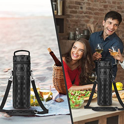 opux Wine Bag Single Bottle Carrier Tote, Insulated Wine Cooler Bag for Travel Picnic Beach with Shoulder Strap, Thermal One Bottle Holder Carrying Case Wine Gift for Women Men, Black Squares - color: Black Square