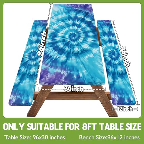 Fitted Picnic Table Cover with Bench Covers Vinyl Waterproof Elastic Edges Fitted Rectangle Table Cloth Patio Tablecloth Camping Gear Essentials Rv Accessories Road Trip Supplies Car Travel Must Have - color: Blue Purple Tie-dye, size: 96in