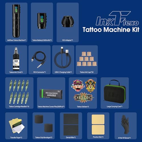 INKin Tattoo Gun Kit for Beginners Complete Set, InkFlexo Wireless Tattoo Machine with 6 Adjustable Stroke and 2Pcs 1600mAh Batteries, Tattoo Kit with Revo Tattoo Needles and Ink for Tattoo Artists