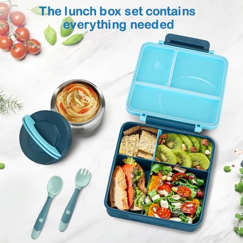 Bento Lunch Box Set for Kids with 8oz Soup Thermo, Leak-Proof Lunch Containers with 4 Compartment, Kids Thermo Hot Food Jar and Insulated Lunch Bag for Kid to School-Blue - color: Blue
