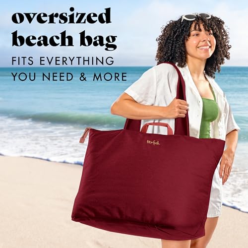 Fit & Fresh XL Beach Tote Bag for Women – XL Travel Tote with Zipper & Pockets, Oversized Canvas Pool Bag, Weekender Carry-On - color: Cranberry