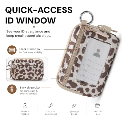 YDF Small Nylon Wristlet Wallet for Women, Minimalist Zip Keychain Coin Purse Card Case with Clear ID Window, Water-Resistant Pouch - color: Beige Leopard