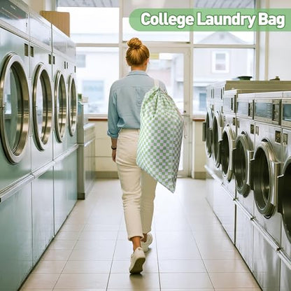 Laundry Bag, Dirty Backpack Laundry Bag For College Travel Laundromat Apartment, With Handles 29" X 18" (Green White Checkered) - color: Green White Checkered