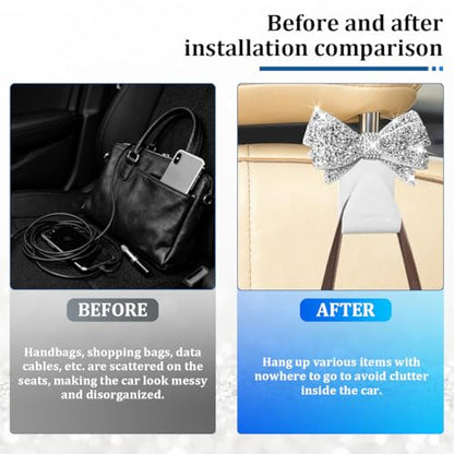 2PCS Bling Bow Car Seat Headrest Hook, Lovely Crystal Rhinestone Back Seat Storage Organizer for Handbag Purse Coat, Girly Sparkling Diamond Backseat Bag Hanger Holder, Universal Fit (White) - color: White