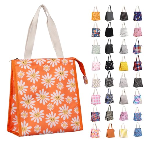 iknoe Insulated Lunch Bag for Women & Adults, 9L Foldable Wide-Open Cooler Bag with Pockets, Leakproof & Portable, for Picnic, Office, Beach(Daisy) - color: Daisy, size: Zipper Closure