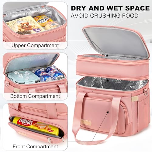 MAPLELILY Lunch Box for Men Women - Double Deck Insulated Lunch Bag, Large Leak Proof Tote Cooler, Wide Open Dual Compartment Lunch Bags with Shoulder Strap, For Work Picnic Hiking Beach, Pink - color: Pink