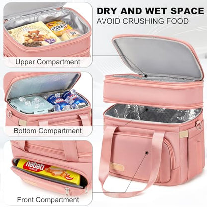 MAPLELILY Lunch Box for Men Women - Double Deck Insulated Lunch Bag, Large Leak Proof Tote Cooler, Wide Open Dual Compartment Lunch Bags with Shoulder Strap, For Work Picnic Hiking Beach, Pink - color: Pink