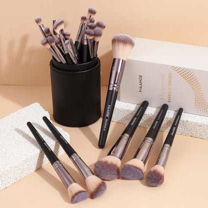 MAANGE 30 Pcs Professional Makeup Brush Set with Travel Case – Kabuki, Foundation, Powder, Blush,Blending& Eyeshadow Brushes, Labeled for Gift-Ready Box,Black - color: Black