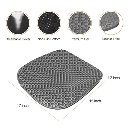 EVEME Large Gel Seat Cushion for Long Sitting with Non-Slip Cover,Soft & Breathable,Seat Cushion for Chair,Car,Office,Desk Chair,Wheelchair - size: 17" x 15" x 1.2" - Gray