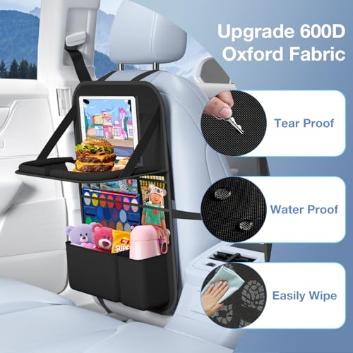 Car Backseat Organizer with Table Tray(2-Pack) 9 Storage Pockets Backseat Car Organizer and storage with Tablet Holder, Kick Mats Back Seat Cover for Kids family Road Trip Essentials Travel - style: 2 Pack with Food Tray-Black