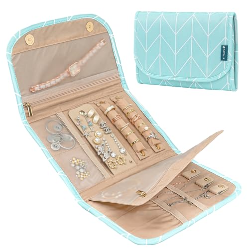 PAVILIA Travel Jewelry Case Organizer, Foldable Jewelry Travel Roll Bag, Small Jewelry Travel Pouch Wallet for Earrings, Rings, Necklaces, Bracelets, Travel Packing Accessories (Chevron Teal) - color: Chevron Teal