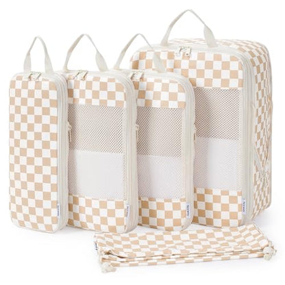 Narwey 6 Set Compression Packing Cubes for Travel Women Men, Travel Cubes for Carry On Suitcase, Durable Compression Luggage Organizer Bags - color: ZZ-Light Checkerboard