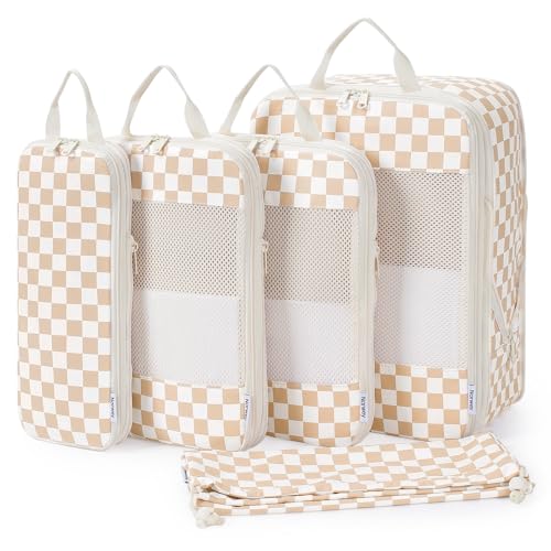Narwey 6 Set Compression Packing Cubes for Travel Women Men, Travel Cubes for Carry On Suitcase, Durable Compression Luggage Organizer Bags - color: ZZ-Light Checkerboard