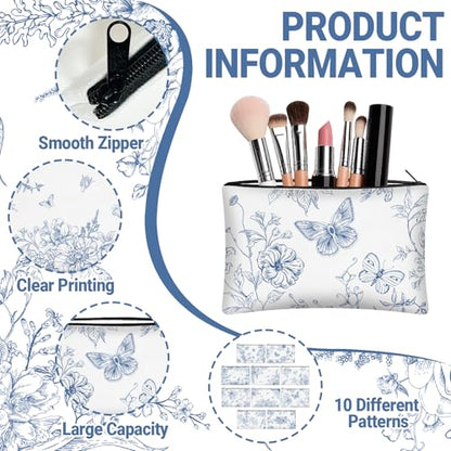30 Pcs Blue Chinoiserie Floral Makeup Bags Porcelain Cosmetic Zipper Pouches with Blue Flower Makeup Bag Bulk Canvas Cosmetic Travel Toiletry Pouch for Women bridesmaids Wedding Favors - style: Blue Porcelain