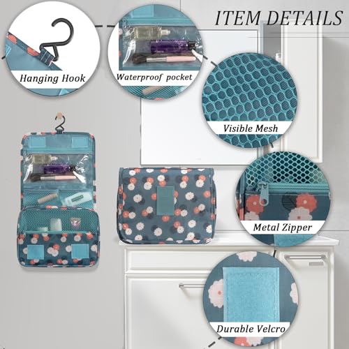 L&FY Hanging Travel Toiletry Bag Women's Cosmetic Organizer Makeup Case Pouch Men's Shaving Kits With Handle (Blue Flower) - color: Blue Flower, size: Compact Size