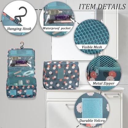 L&FY Hanging Travel Toiletry Bag Women's Cosmetic Organizer Makeup Case Pouch Men's Shaving Kits With Handle (Blue Flower) - color: Blue Flower, size: Compact Size
