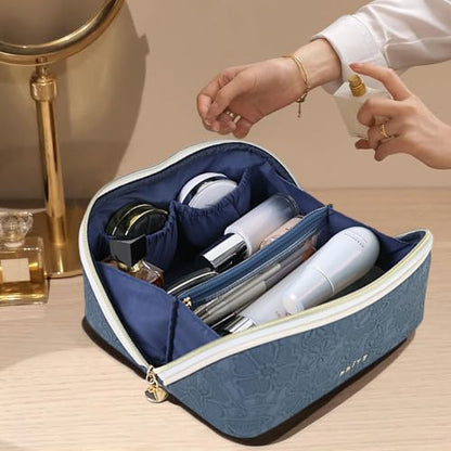Prite Makeup Bag for Women Travel Waterproof Vegan Leather Cosmetic Bag Open Flat Toiletry Bag With Clear Divider and Handle (Blue Flower, Large) - color: Blue Flower, size: Large