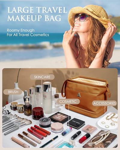 Women Gifts, Personalized Makeup Bag, Monogrammed Gifts, Initial Double Layer Cosmetic Bag with Makeup Brush Organizer, Travel Toiletry Bag, Gifts for Friends Female Mom, Teen Girl Gifts - color: Brown, style: G