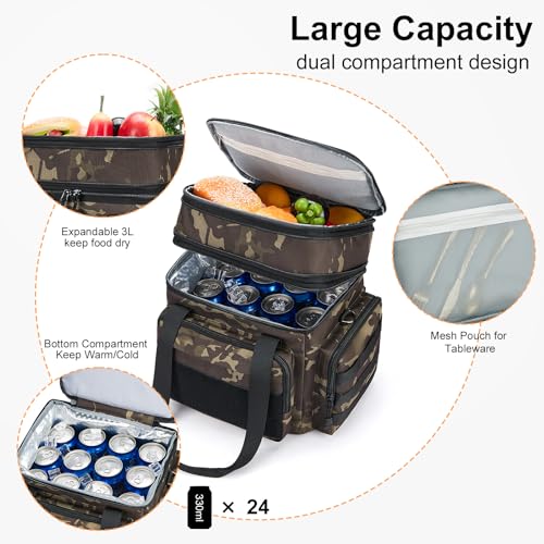 Gafetrey Tactical Lunch Box for Men, Insulated Bag Adult, Thermal Lunchbox Leakproof Waterproof Cooler Bag, Dual Compartment tote, Large Pail Work Office Camping Travel(Black Camo) - color: B-Black-Camo, size: 15L