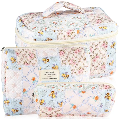 URSKYTOUS 3Pcs Cotton Quilted Makeup Bag for Women Girls Large Small Travel Floral Cosmetic Bags Set Cute Coquette Makeup Pouch for Purse Aesthetic Cloth Bee&Flower Storage Toiletry Bag Organizer - color: MN 3PCS Bee Floral