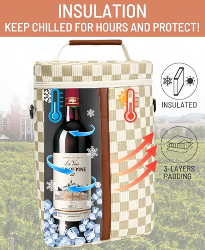 Insulated Wine Bag - Wine Bottle Carrier Tote Cooler Bags for Gifts Travel Picnic Beach, Khaki Checkered Pattern - 2 Bottle - color: Khaki Checkered Pattern, size: 2 Bottles