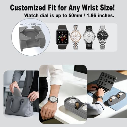 2 Slot Watch Travel Case for Men, Portable Silicone Watch Storage Box and Organizer with Removable Pillows, Fit for Wristwatches and Smart Watches up to 50mm, Anti-scratches and Protection