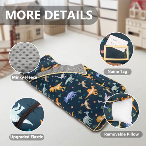 Primlect Thickened Toddler Nap Mat with Removable Pillow and Minky Blanket, Extra Large 55''x35'' Sleeping Bag, Washable, Roll up, Perfect for Daycare, Preschool, Kindergarten, Boys and Girls Dinosaur - color: Dinosaur Upgraded