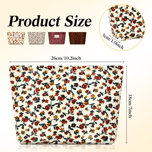 Sanwuta 4 Pcs Corduroy Cosmetic Bags Floral Makeup Bag Corduroy Cosmetic Pouch Flower Travel Toiletry Zipper Bag Large Capacity Aesthetic Purse Organizer Cute Handbags for Women, Girls Gifts, 4 Styles