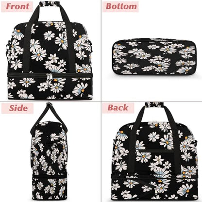 Travel Duffle Bags With Shoes Compartment for Women Men Daisy Flower Floral Black Lightweigh Sports Tote Gym Bag Foldable Canvas Weekender Overnight Carry On Luggage Handle Bag - color: print 2