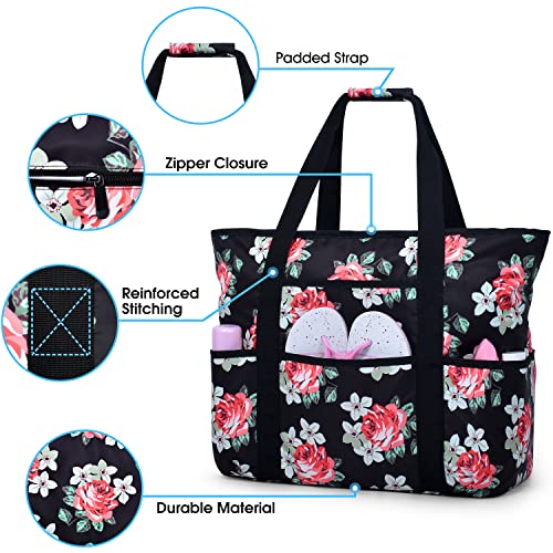 Becokan Beach Bags for Women Large Beach Tote Bag with Zipper Pockets Beach Bag Waterproof Sandproof Travel Nurse Tote Bag - color: Flowers