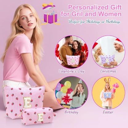 Personalized Initial Makeup Bag,Strawberry Print Preppy Cosmetic Toiletry Travel Bag,Trendy Letter Makeup Pouch for Teen Girls and Women,Holiday & Birthday Gift,2 Pack (L, Pink Strawberry) - style: L