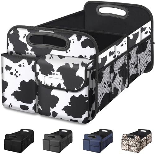 Femuar Car Trunk Organizer, Cow Print, Vintage Style, 52L Capacity, 4 Compartments, Waterproof, Non-Slip, Collapsible, 22.5"D x 18"W x 10.8"H - color: Cow print, size: Standard