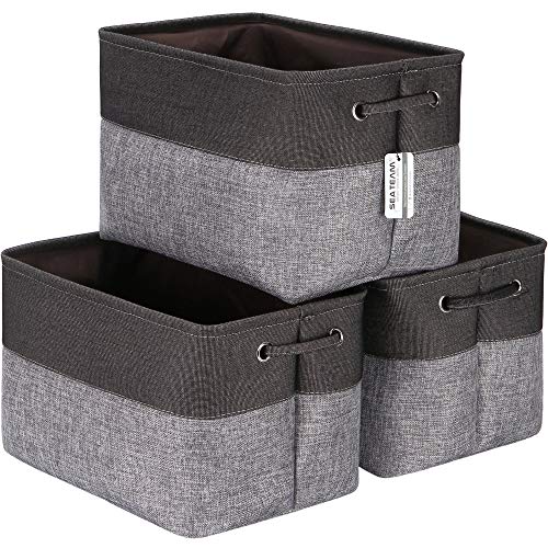 Sea Team 3-Pack Large Storage Basket Set, Trunk Organizer, Clothes Toys Bin, 15 x 10 x 10 Inches, Big Rectangular Canvas Fabric Collapsible Shelf Box with Handles for Kids Room (Grey/Black) - color: Grey/Black, size: Medium/15 x 10 x 10"