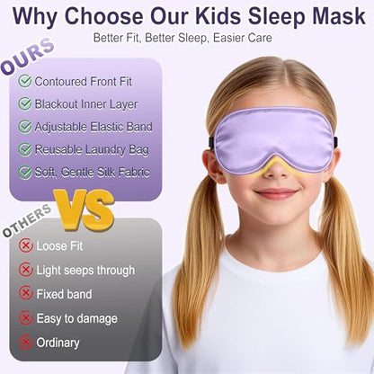 Kids Sleep Mask, Kids Eye Mask for Boys Girls, Kid Silk Eye Masks with Adjustable Strap for Sleeping, 100% Light-Blocking Sleep Eye Cover, Includes Protective Laundry Bag (Purple) - color: Purple