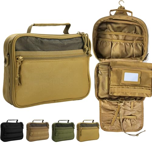 Tactical Hanging Toiletry Bag for Men, Travel Toiletry Bag，Mens Toiletry Bag Organizer Dopp Kit, Toiletries Shaving Hygiene Bag for Bathroom Short Trips Camping - Khaki（No molle） - color: Khaki（No molle）