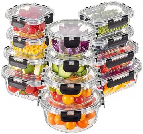 Liuruiyu 12 Pack Glass Food Storage Containers with Lids, Meal Prep Containers, Airtight Bento Boxes with Leak Proof Locking for Microwave, Oven, Freezer and Dishwasher, BPA Free - color: 12 Pack-(10.5-51.1oz)