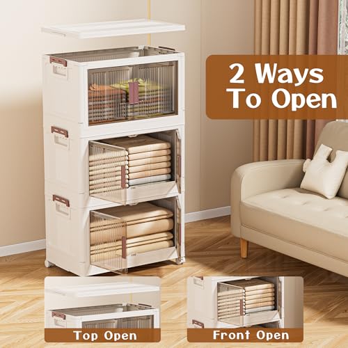 60GAL/240QT 4 tier large stackable storage bins with lid and wheels, collapsible storage bins plastic with doors，suit for clothes, closet, home and office - style: 4 Pack