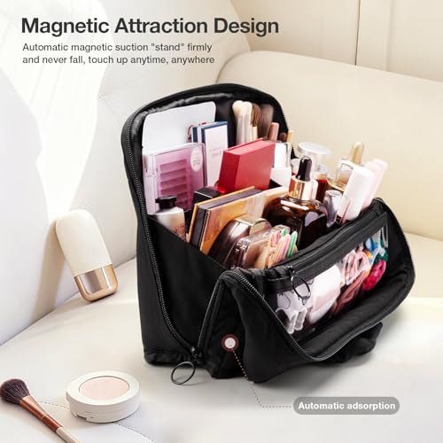 Abiudeng Standing Travel Makeup Bag Stand up Make up Bag Travel Toiletry Bag with Multiple Compartments Large Capacity for Women Business Trips Fitness and Daily Commutes (Black) - color: Blcack