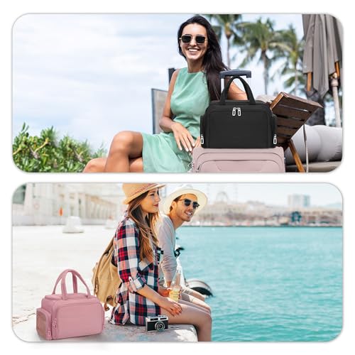 Travel Toiletry Bag for Women, Lightweight Wide-open Toiletries Travel Bag with Handle, Large Cosmetic Organizer with Makeup Brushes Compartment for Essentials for Trip, Camping - Black