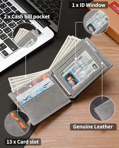 Artpaxy Mens Wallet Bifold Genuine Leather RFID Blocking Wallet for Men with 1 ID Windows 13 Card Holders 2 cash pockets 1 Gift Box - color: Gray
